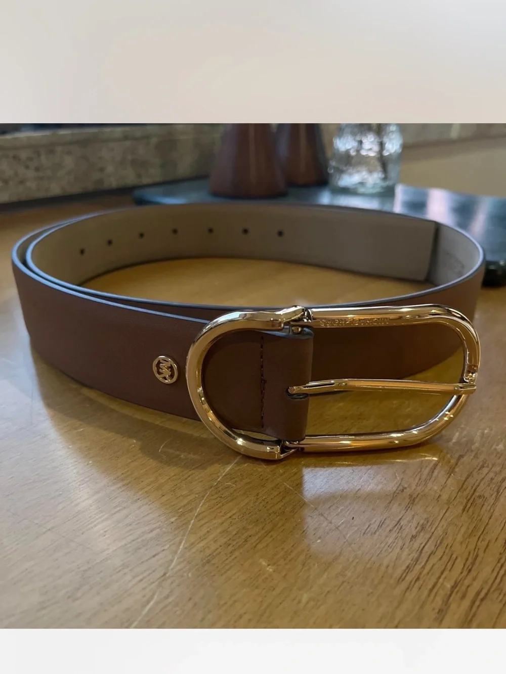 Michael Kors Brown Leather Belt with Gold Oval Buckle